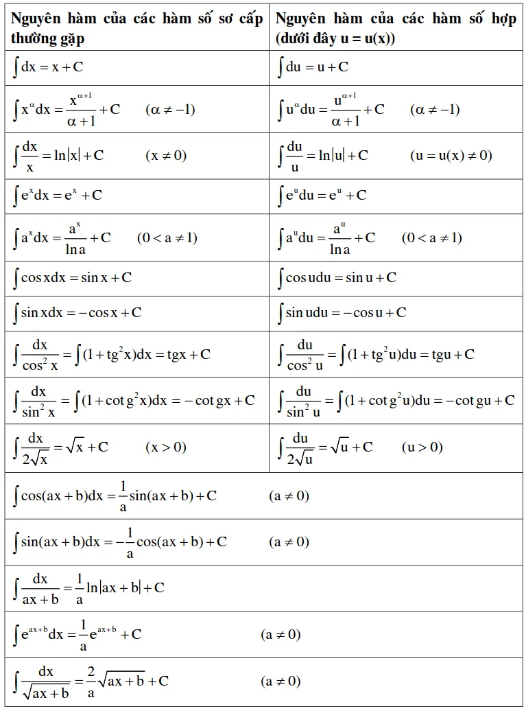 Bảng công thức nguyên hàm cơ bản dành cho học sinh lớp 12