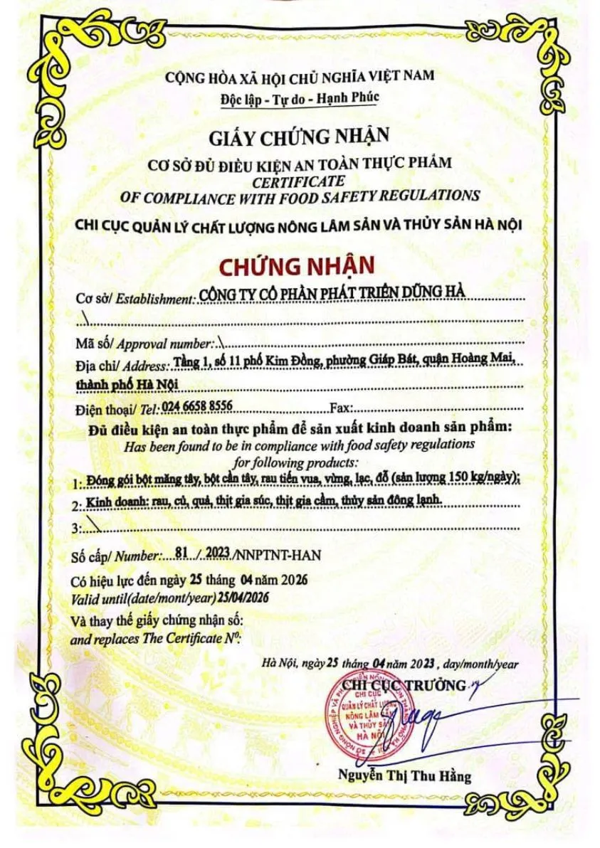 giấy chứng nhận gia vị gà hầm thuốc bắc