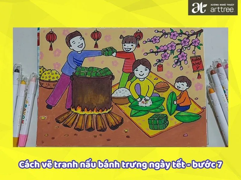 Hình ảnh bức tranh vẽ nấu bánh chưng ngày tết hoàn thiện