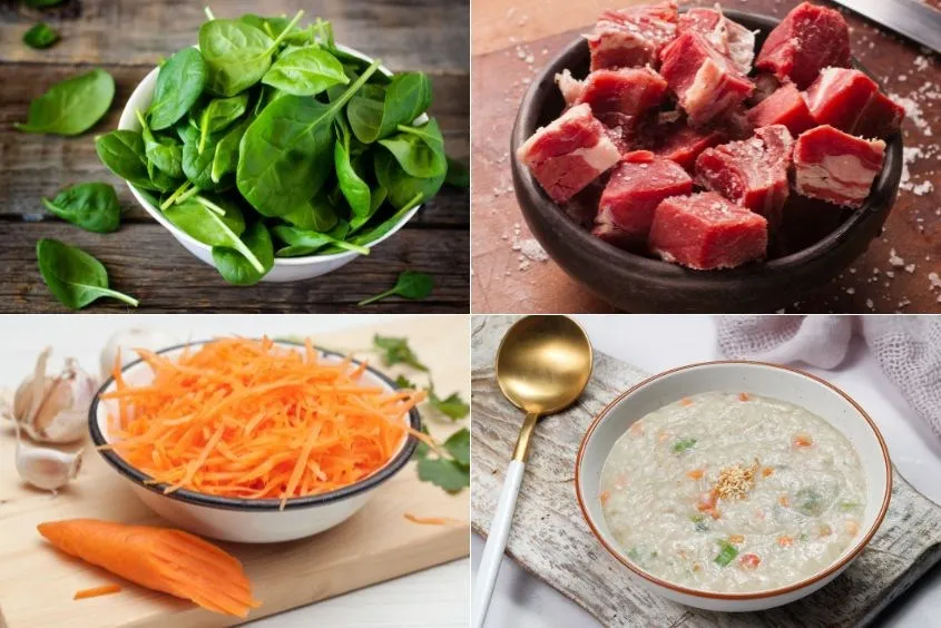 Cháo thịt bò cải bó xôi kết hợp cà rốt