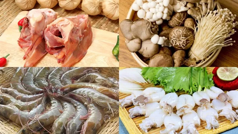 Nguyên liệu hải sản tươi chuẩn bị nhúng nấm