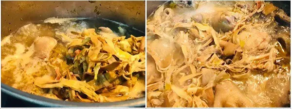 Nồi canh măng khô nấu với thịt gà sau khi hầm chín mềm