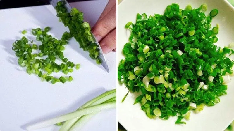 Hành lá thái nhỏ dùng trong cách nấu cháo trứng gà cho người lớn
