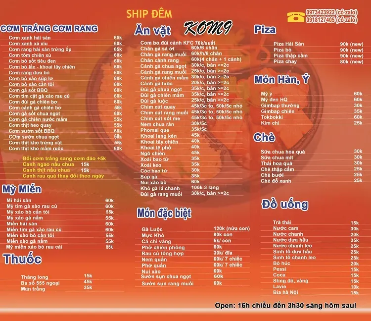 Hình ảnh menu ship đồ ăn đêm kom9 hà nội