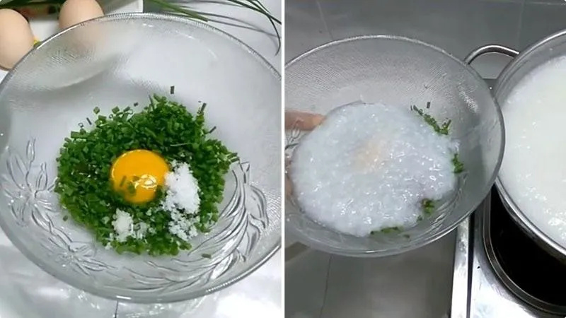 Hỗn hợp trứng gà và hành lá chuẩn bị cho cháo