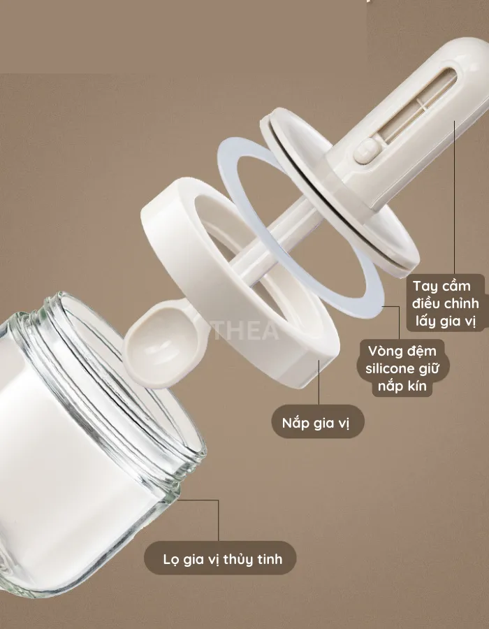 Hủ đựng gia vị thủy tinh cao cấp THEA với thiết kế muỗng đo lường thông minh và nắp kín chống ẩm hiệu quả