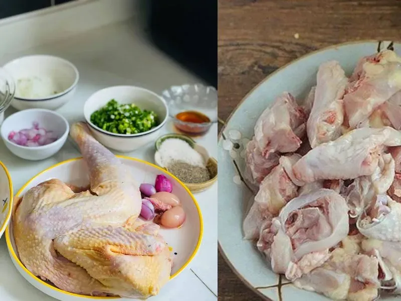 Gà ta đang được luộc trong nồi nước có gừng và hành tím