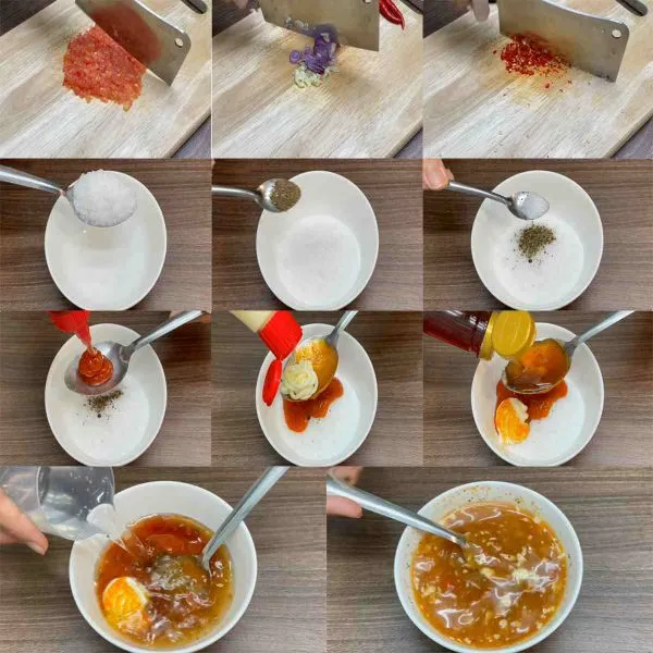 Chuẩn bị hành và tỏi chà chưa băm nhuyễn, pha trộn các nguyên liệu khác.