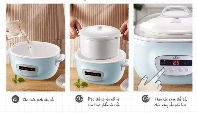 Cho nước vào nồi => Đặt thố sứ vào nồi và cho thực phẩm vào