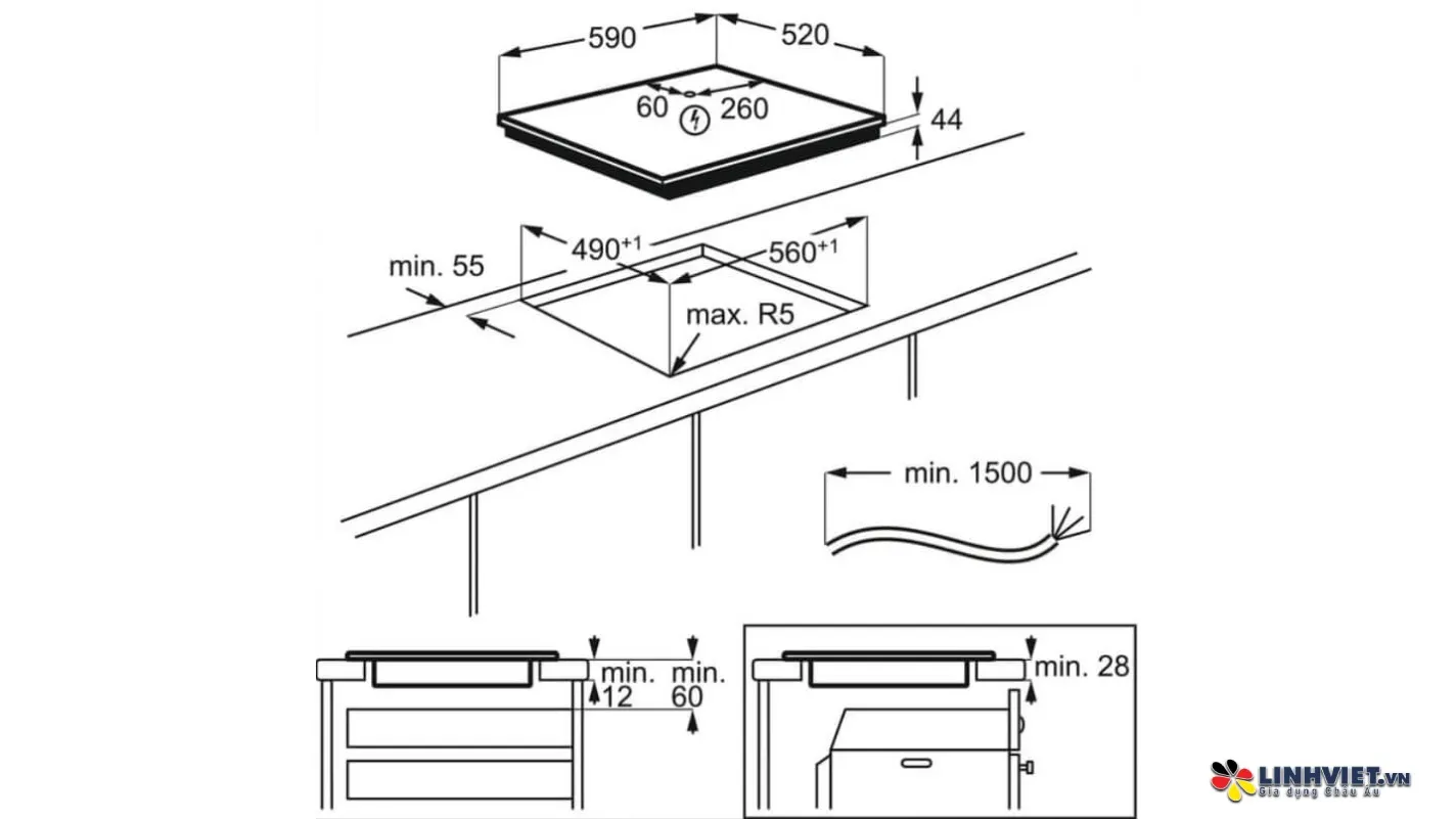 Kích thước lắp đặt chi tiết của mẫu bếp từ AEG 3 vùng nấu IKB6330SFB