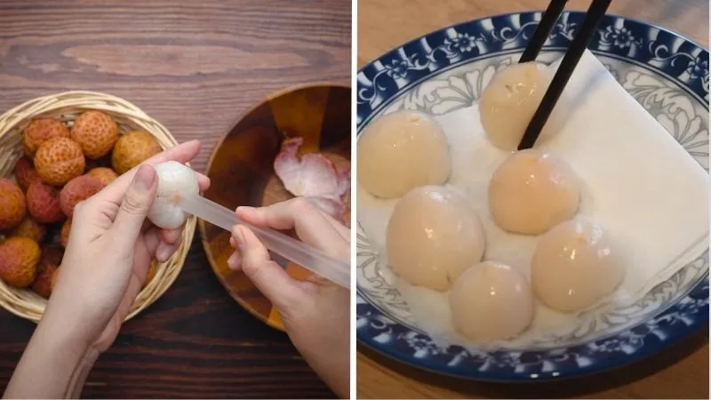 Bóc vỏ, tách hạt và để ráo vải để khúc bạch không bị tách nước