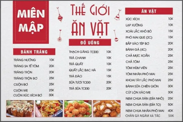 Menu quán ăn vặt giá rẻ với nhiều lựa chọn chất liệu