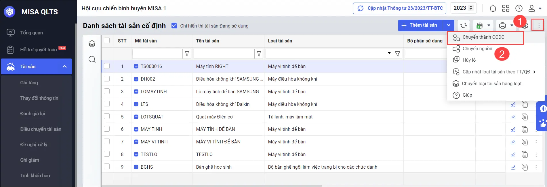 Menu danh sách tài sản cố định trên phần mềm quản lý thiết bị
