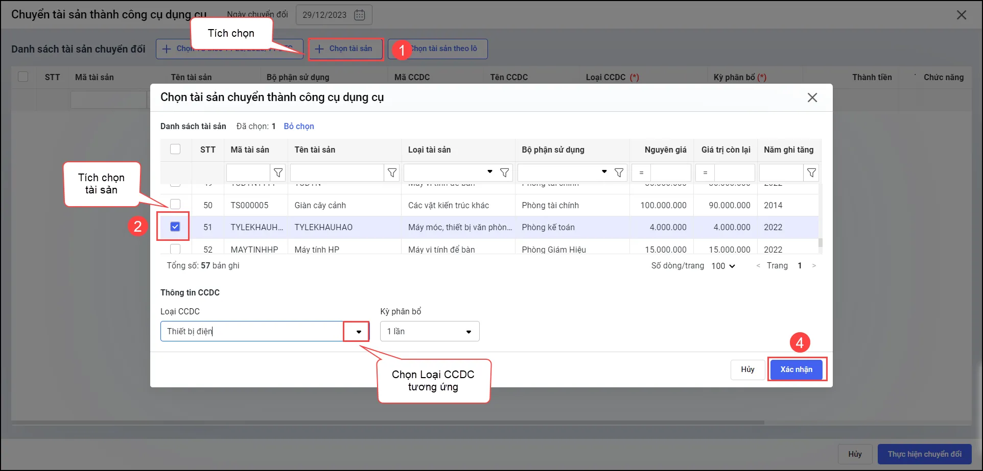 Chọn danh sách tài sản cố định cần chuyển đổi trên hệ thống kế toán