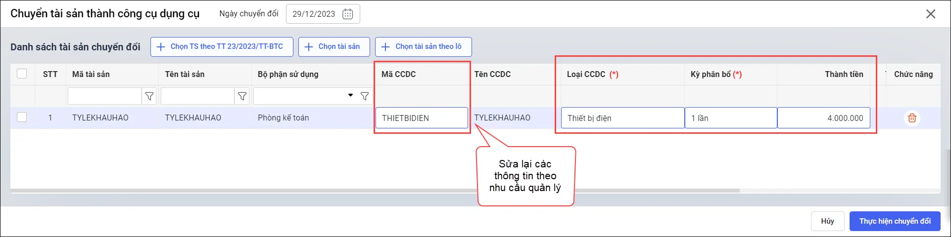 Chỉnh sửa mã công cụ dụng cụ và kỳ phân bổ sau chuyển đổi
