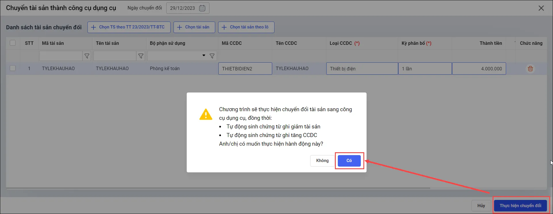 Xác nhận thực hiện chuyển đổi tài sản sang công cụ dụng cụ nhà hàng