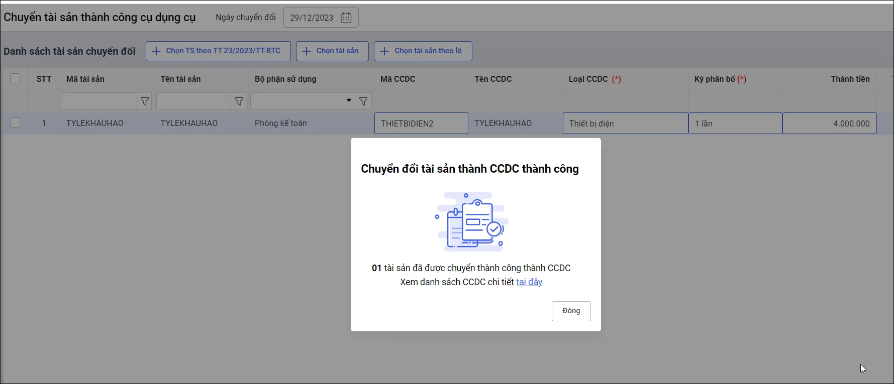 Thông báo kết quả chuyển đổi tài sản thành công cụ dụng cụ hoàn tất