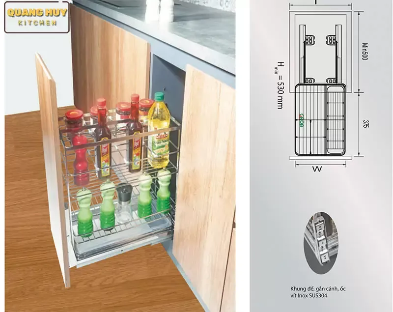 Bảng thông số kích thước lắp đặt kệ gia vị inox 304