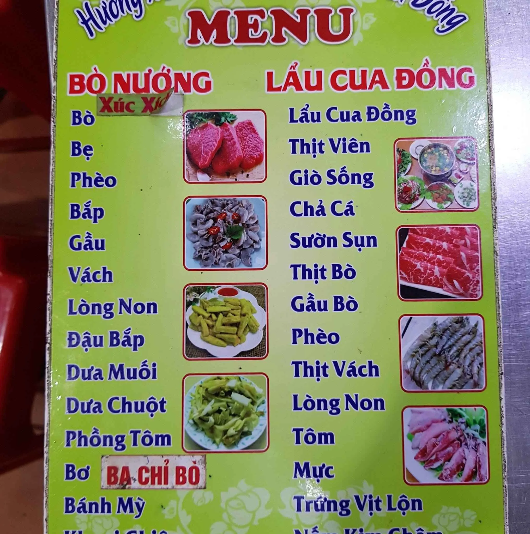 Menu cụ thể, chi tiết của quán