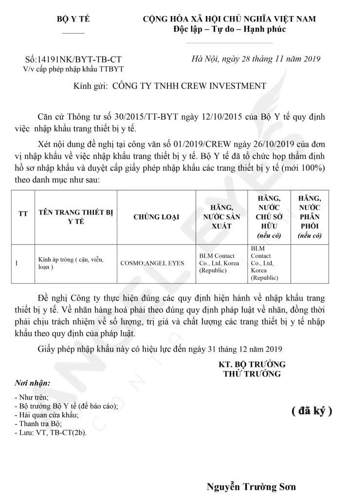 Giấy phép của Bộ Y Tế chứng nhận tính an toàn cho các loại dụng cụ đeo kính áp tròng và lens.