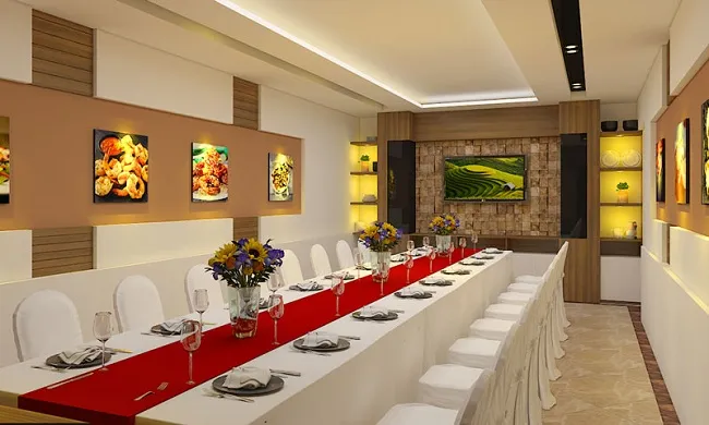 Không gian phòng VIP nhà hàng với trần gỗ cầu kỳ