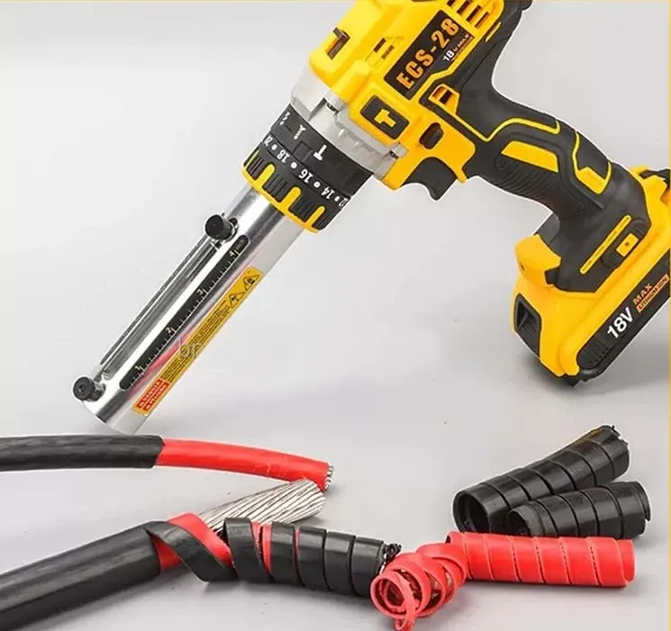 Máy bóc vỏ cáp điện ESC-28 hoạt động với pin lithium 18V, xử lý cáp từ 13.3mm đến 28.5mm