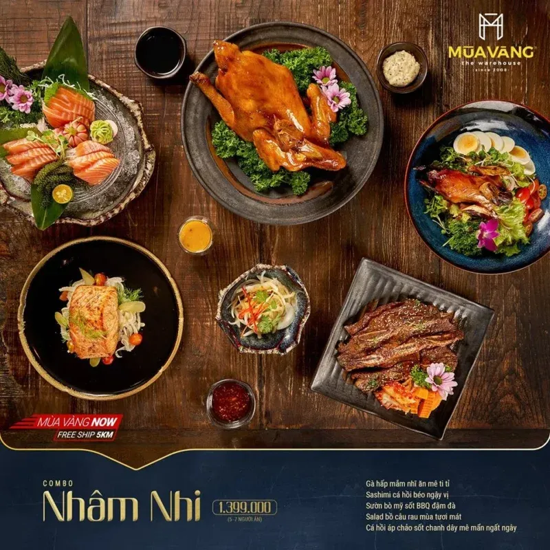 Menu đa dạng tại nhà hàng Mùa Vàng Tô Hiến Thành với các món ăn Việt Nam và Đông Nam Á