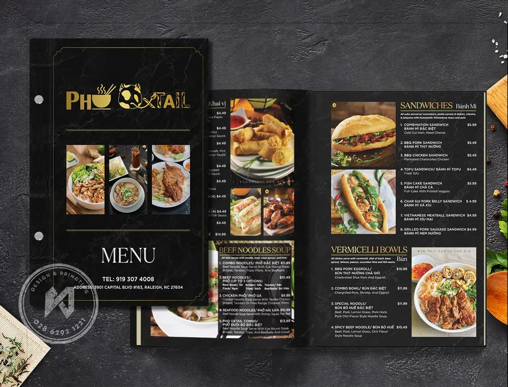 Menu nhà hàng Phở Tail với tone đen vàng huyền bí