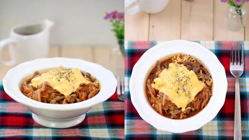 Tô mì xào thịt bò phô mai với đầy đủ nguyên liệu và màu sắc hấp dẫn