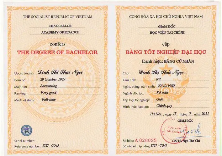 Mẫu bằng cao đẳng nấu ăn chuyên nghiệp chuẩn phôi gốc từ Bộ giáo dục