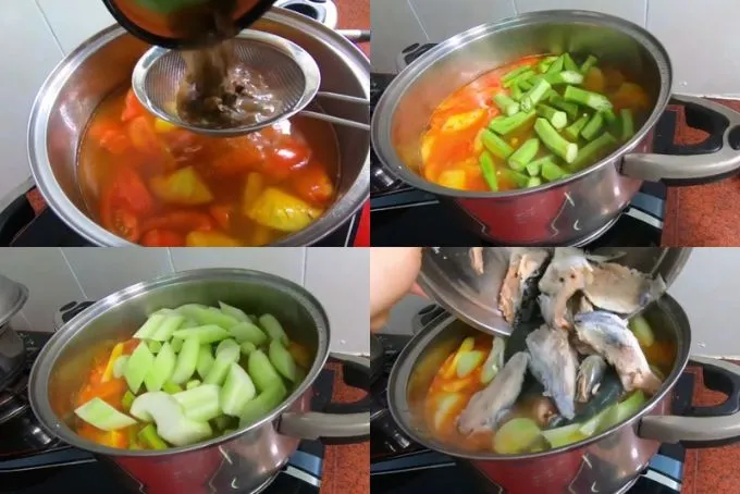 Các bước thực hiện nấu canh chua đầu cá hồi trên bếp