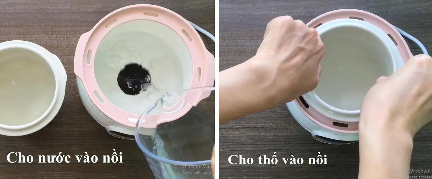 Cho nước và thố vào nồi để bắt đầu nấu cơm nát cho bé