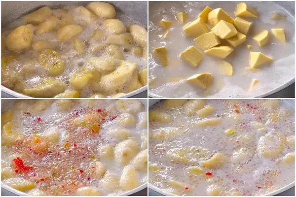 Quá trình nấu chè chuối chưng cùng khoai lang và nước cốt dừa