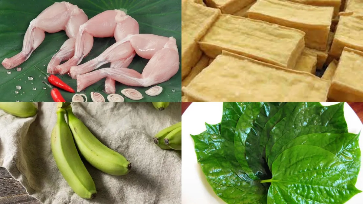 Nguyên liệu cho món ếch xào chuối xanh