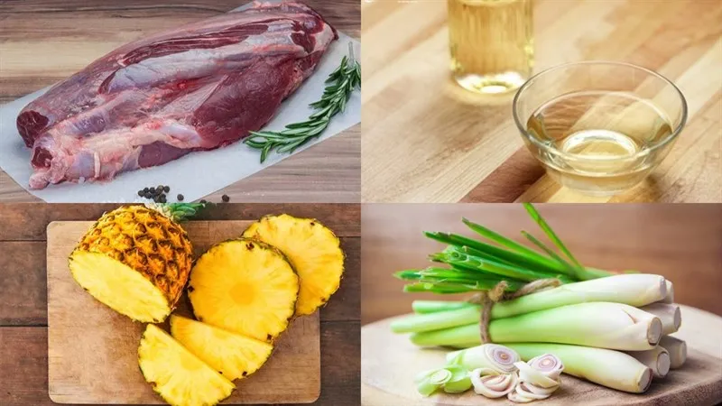 Nguyên liệu làm bò nhúng giấm với thịt bò tươi, rau củ và gia vị