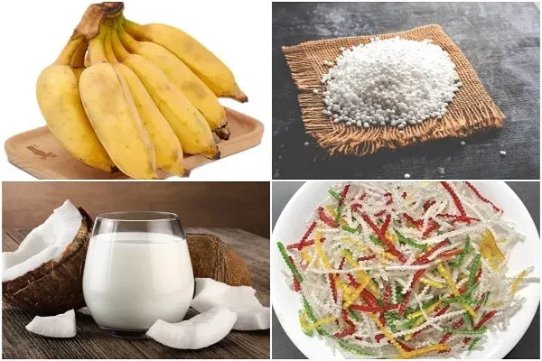 Nguyên liệu chuẩn bị cho cách nấu chè chuối bột báng tại nhà