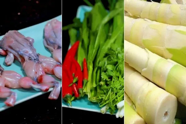 Nguyên liệu chuẩn bị cho món ếch xào măng cay