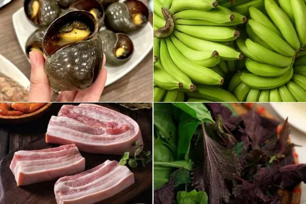 Nguyên liệu làm món ốc xào chuối lá lốt