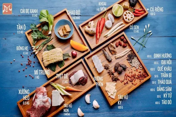 Nguyên liệu nấu lẩu dê với thịt tươi, rau củ và gia vị