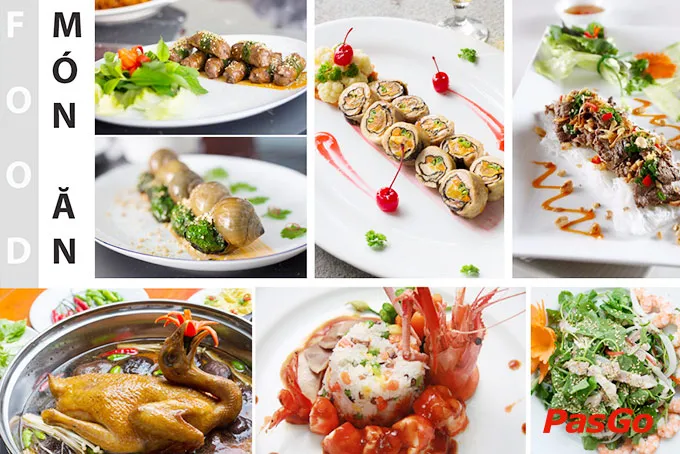 Không gian sân vườn nhà hàng Hoa Viên Đệ Nhất với cây xanh, đèn trang trí, bàn ghế gỗ