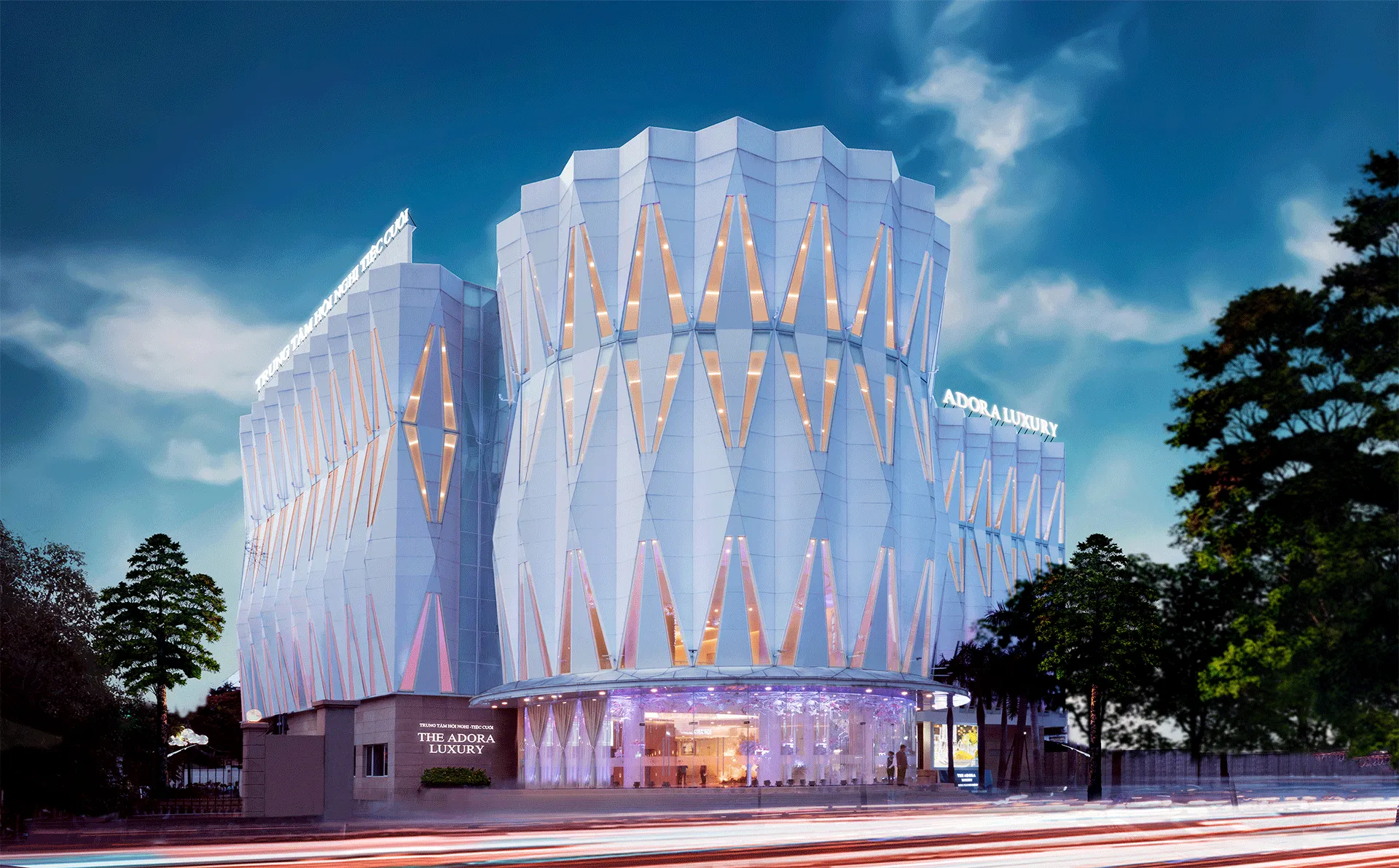 Không gian tiệc Adora Luxury với thiết kế sang trọng, ánh sáng vàng ấm và bàn ghế bài trí tinh tế