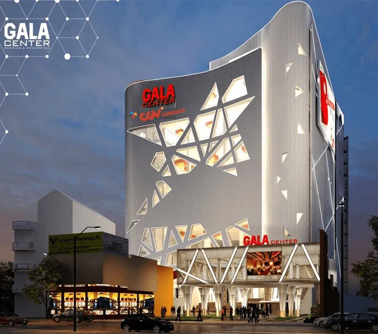 Sảnh tiệc Gala Center với hệ thống ánh sáng LED đổi màu và sân khấu trung tâm rộng rãi