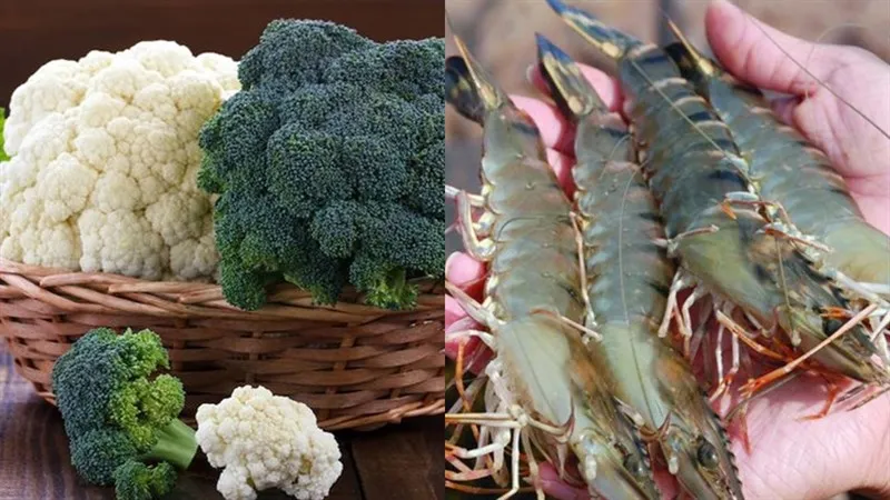 Nguyên liệu tôm, bông cải xanh và bông cải trắng