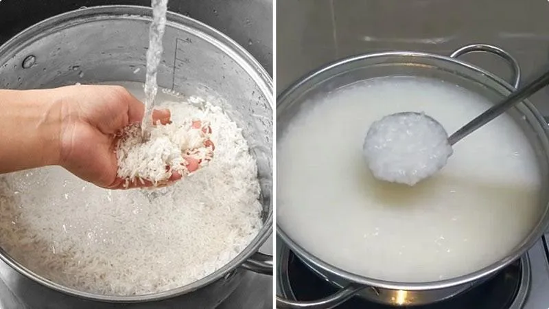 Nồi cháo đang được nấu, chuẩn bị cho món cháo trứng gà