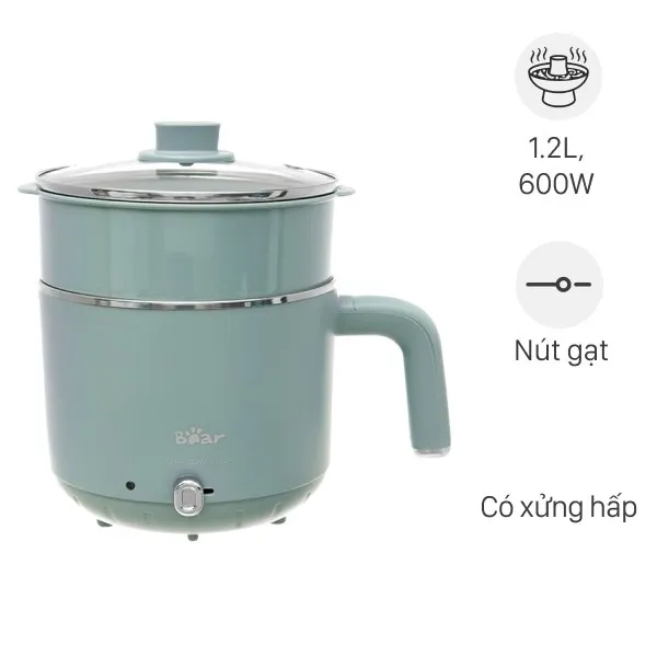 Nồi lẩu điện Bear DRG-D12M5 màu hồng pastel với thiết kế 3 lớp cách nhiệt và xửng hấp