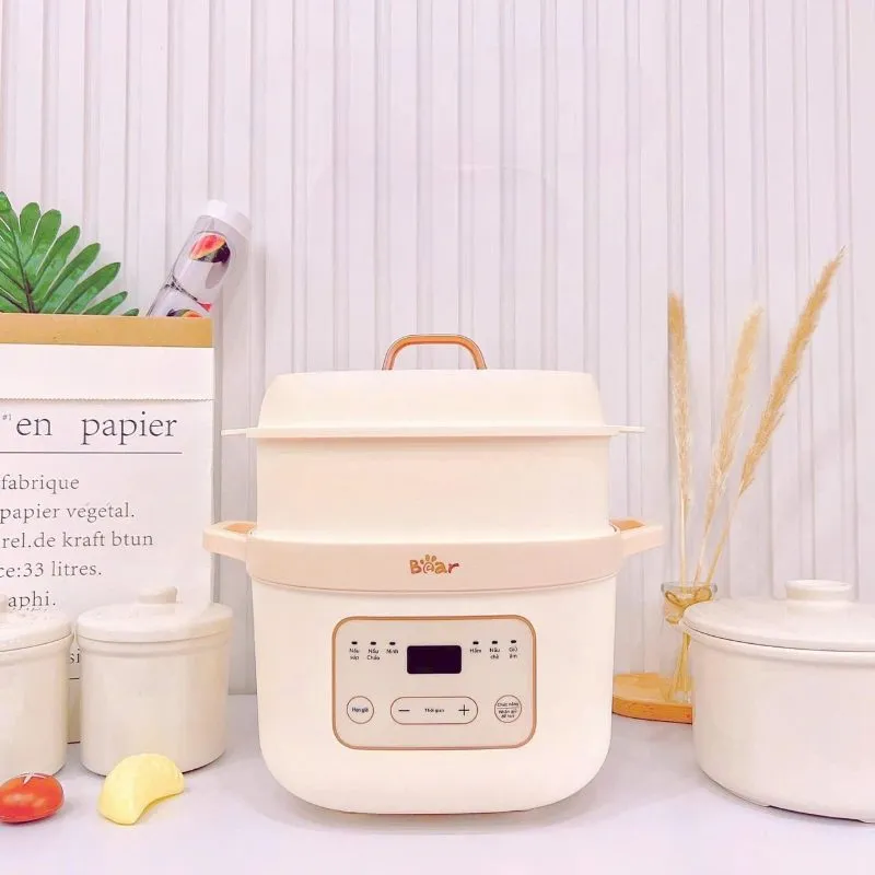 Nồi nấu cháo cách thuỷ bear 1.6L hỗ trợ nấu nhiều món cùng lúc với xửng hấp