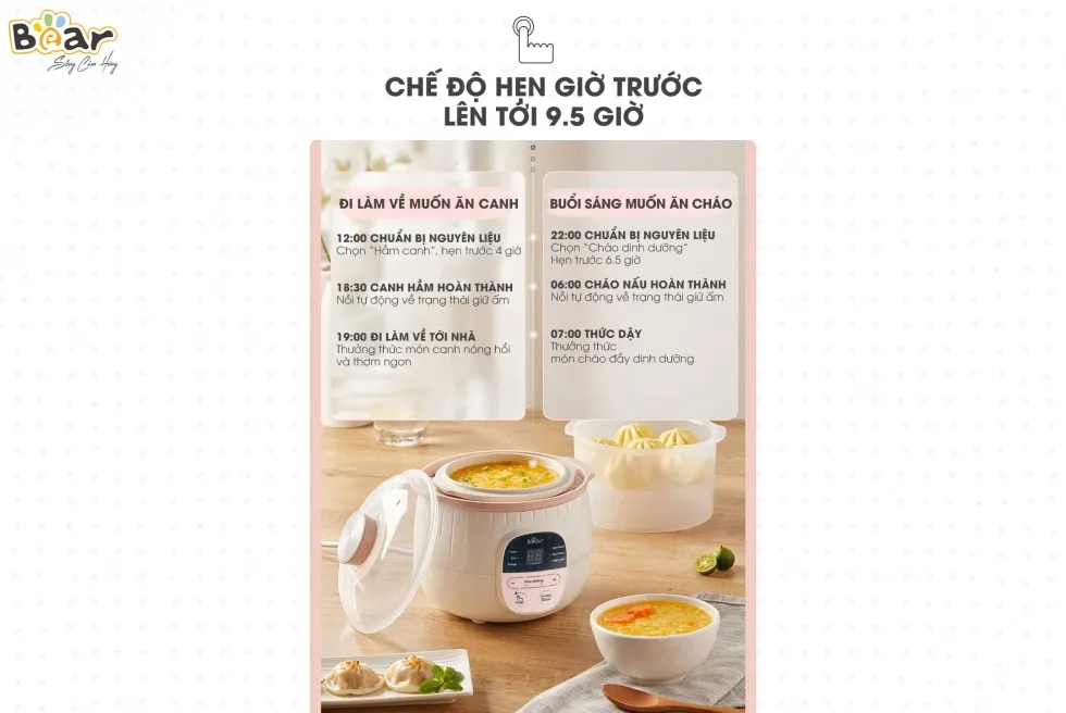 Chế độ hẹn giờ tiện lợi của nồi nấu cháo Bear hỗ trợ mẹ bỉm sữa