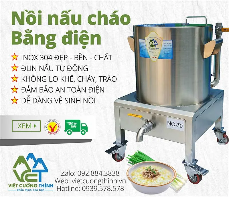 Nồi nấu cháo bằng điện công nghiệp với thiết kế hai lớp cách nhiệt
