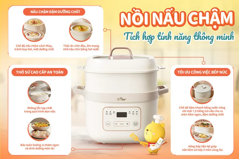 Nồi nấu chậm Bear 1.6L SB-NNC16 hỗ trợ hầm hấp cùng lúc tiện lợi