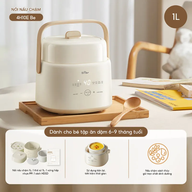 Nồi nấu chậm Bear 1L SC-4H10E màu xanh be cực kỳ hiện đại
